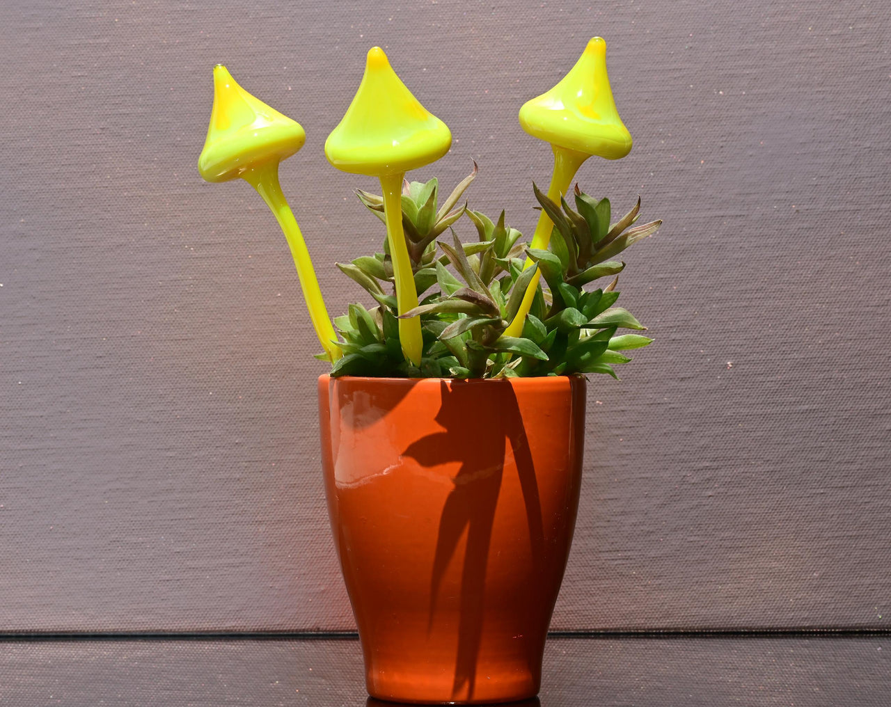 Hand-Blown Yellow Glass Mushroom Decor: Weatherproof Flower Pot Ornament