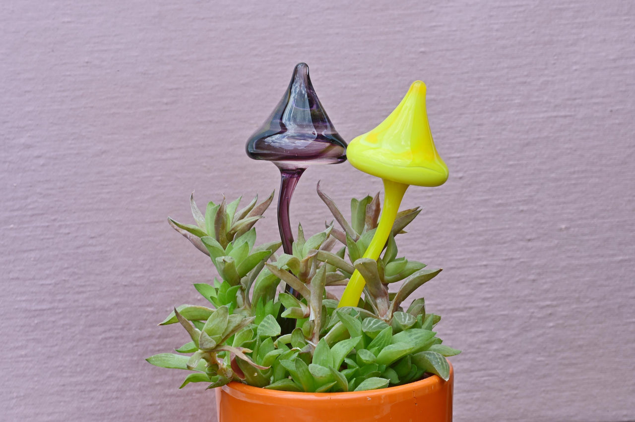 Hand-Blown Yellow Glass Mushroom Decor: Weatherproof Flower Pot Ornament