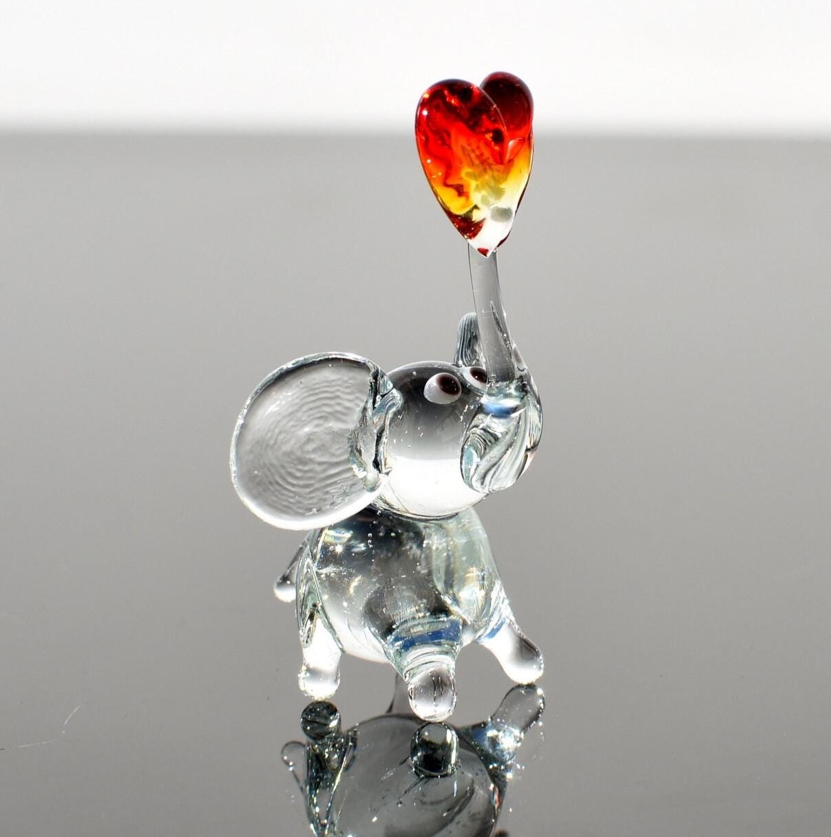 Handmade Glass Elephant Figurine With Heart, Elephant Figurine, Mothers Day Gifts, Blown Glass Animal, Cute Desk Decor, Elephant Gifts,