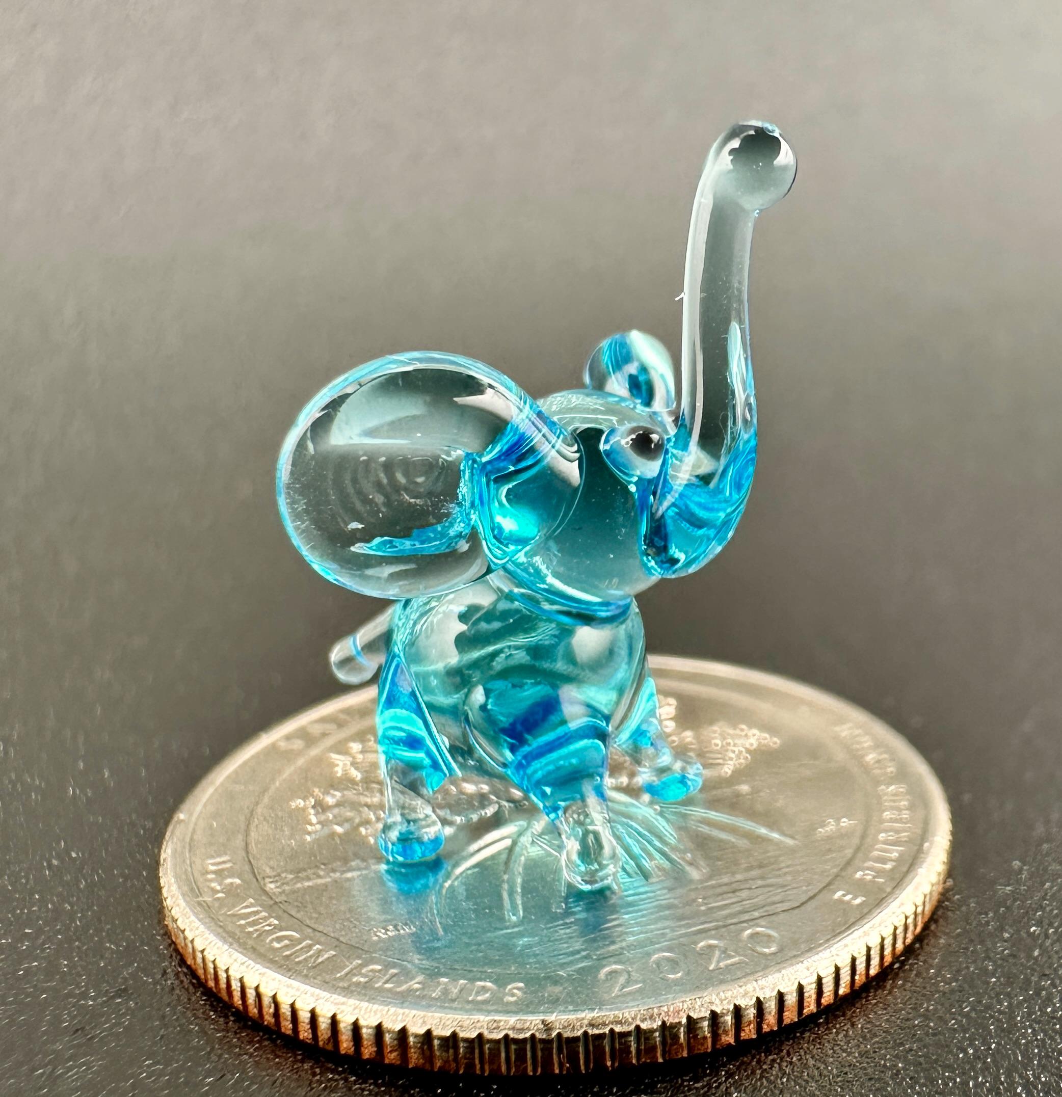 Handmade Glass Elephant | Tiny Blue Good Luck Charm | Ocean Desk Pal Gift