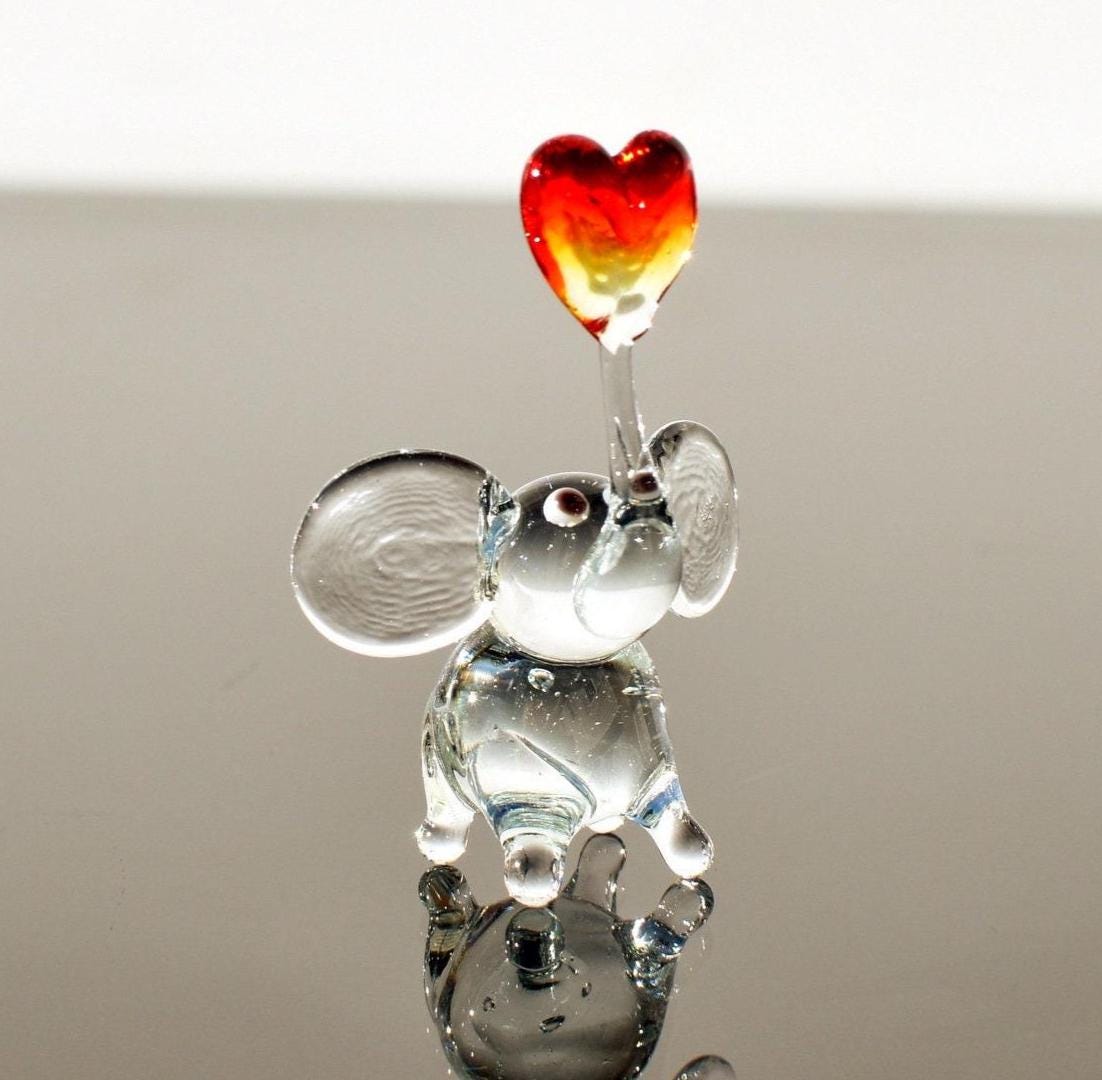 Handmade Glass Elephant Figurine With Heart, Elephant Figurine, Mothers Day Gifts, Blown Glass Animal, Cute Desk Decor, Elephant Gifts,