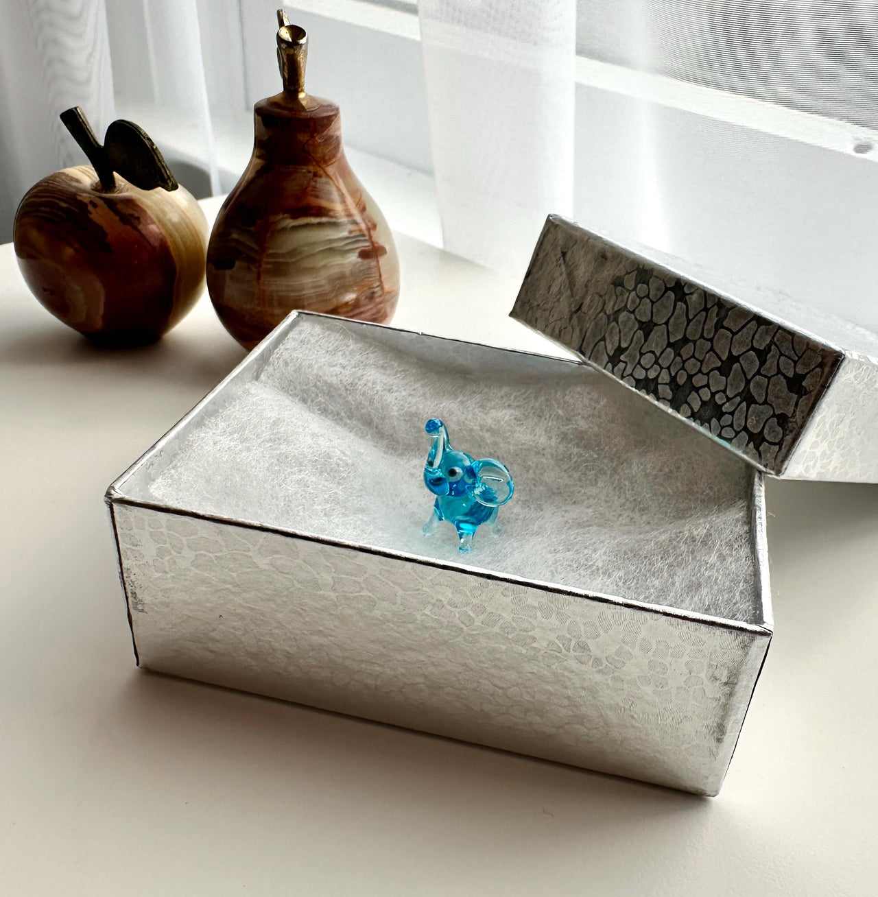 Handmade Glass Elephant | Tiny Blue Good Luck Charm | Ocean Desk Pal Gift