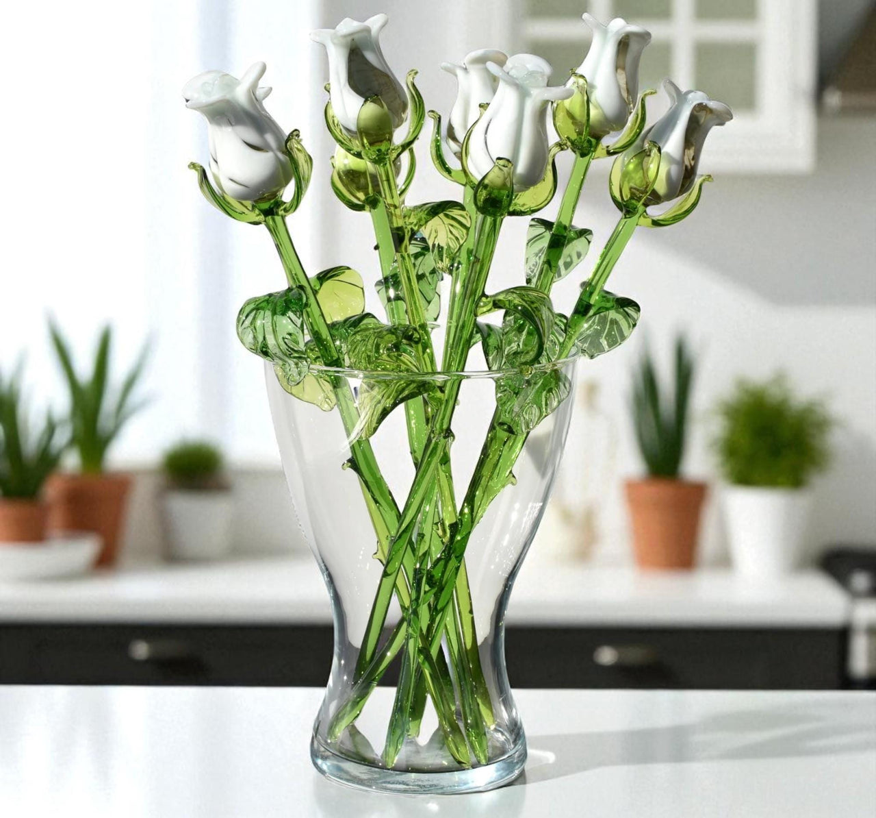 Glass Rose - White Glass Flowers - Glass Flower Bouquet - Hand Blown Glass Flower - Blown Glass Rose - Glass Flower Bouquet - Christmas Gift