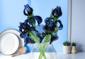Hand-made Glass Iris with Blue Cheetah Pattern — Long-Stem Flower Sculpture, Unique Collectible Art