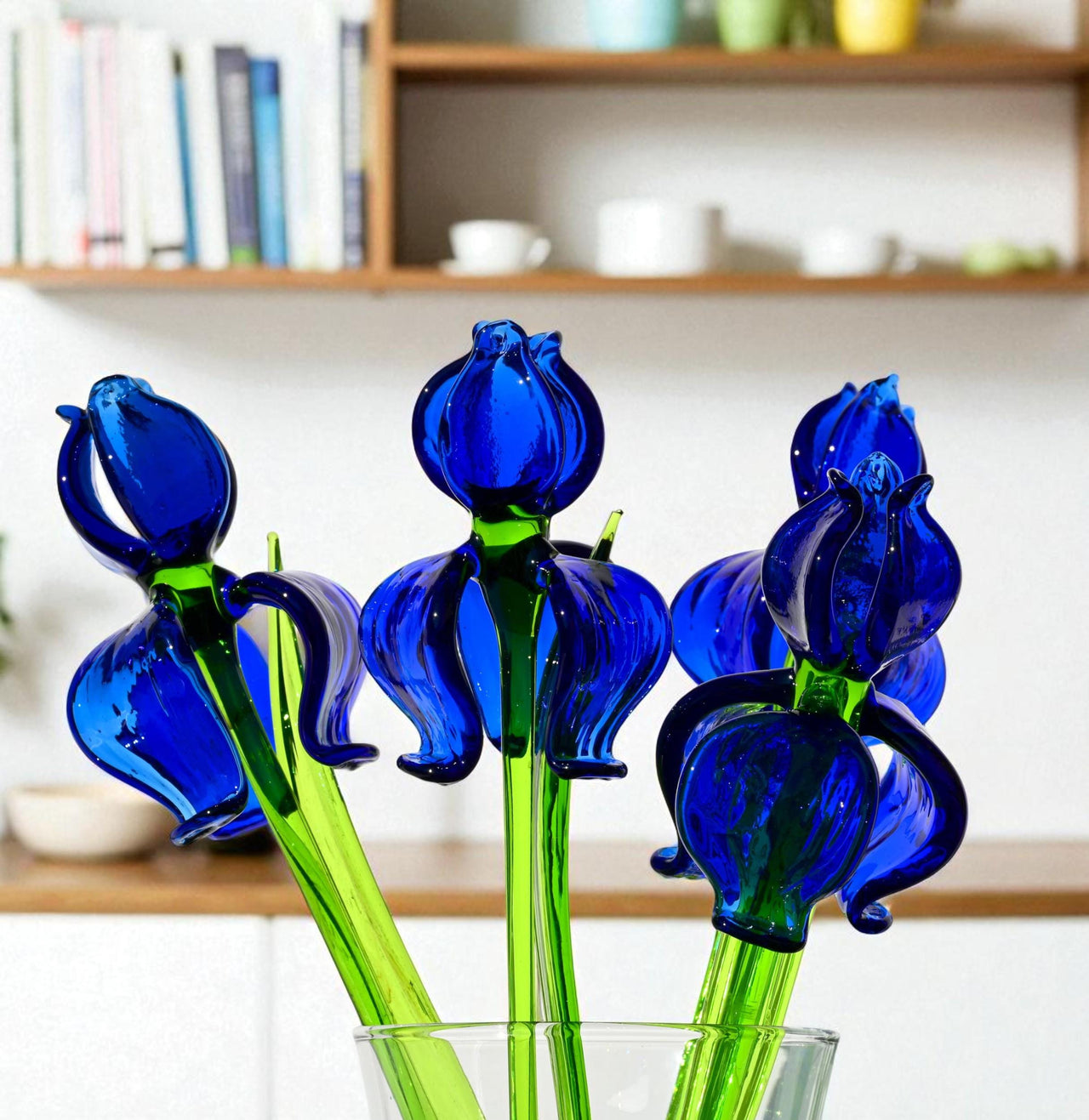 Blue Glass Iris Stem – Handblown Long Stem Flower Sculpture, Elegant Cobalt Glass Floral Gift for Anniversary, Birthday, Mother’s Day Gift