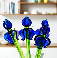 Blue Glass Iris Stem – Handblown Long Stem Flower Sculpture, Elegant Cobalt Glass Floral Gift for Anniversary, Birthday, Mother’s Day Gift