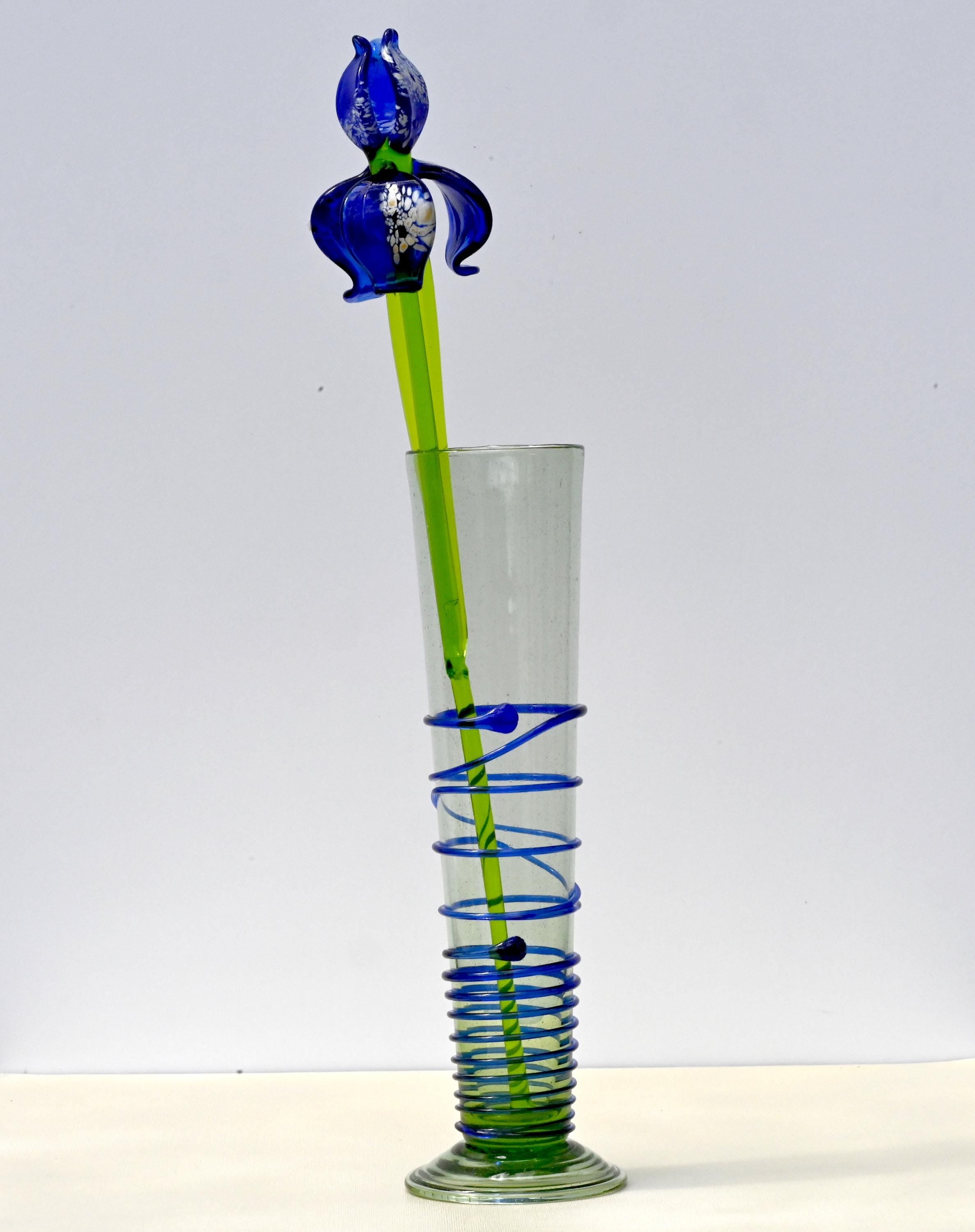 Cobalt blue 15.5" Iris in a hand-blown glass vase, complete decor accent.