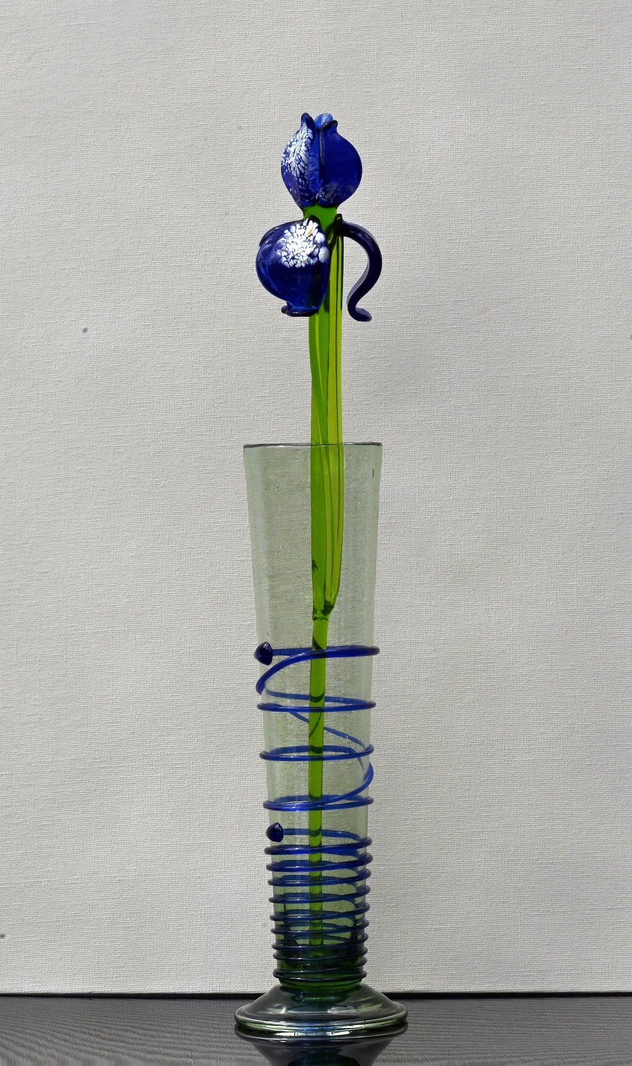 Cobalt blue 15.5" Iris in a hand-blown glass vase, complete decor accent.