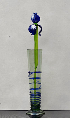 Cobalt blue 15.5" Iris in a hand-blown glass vase, complete decor accent.