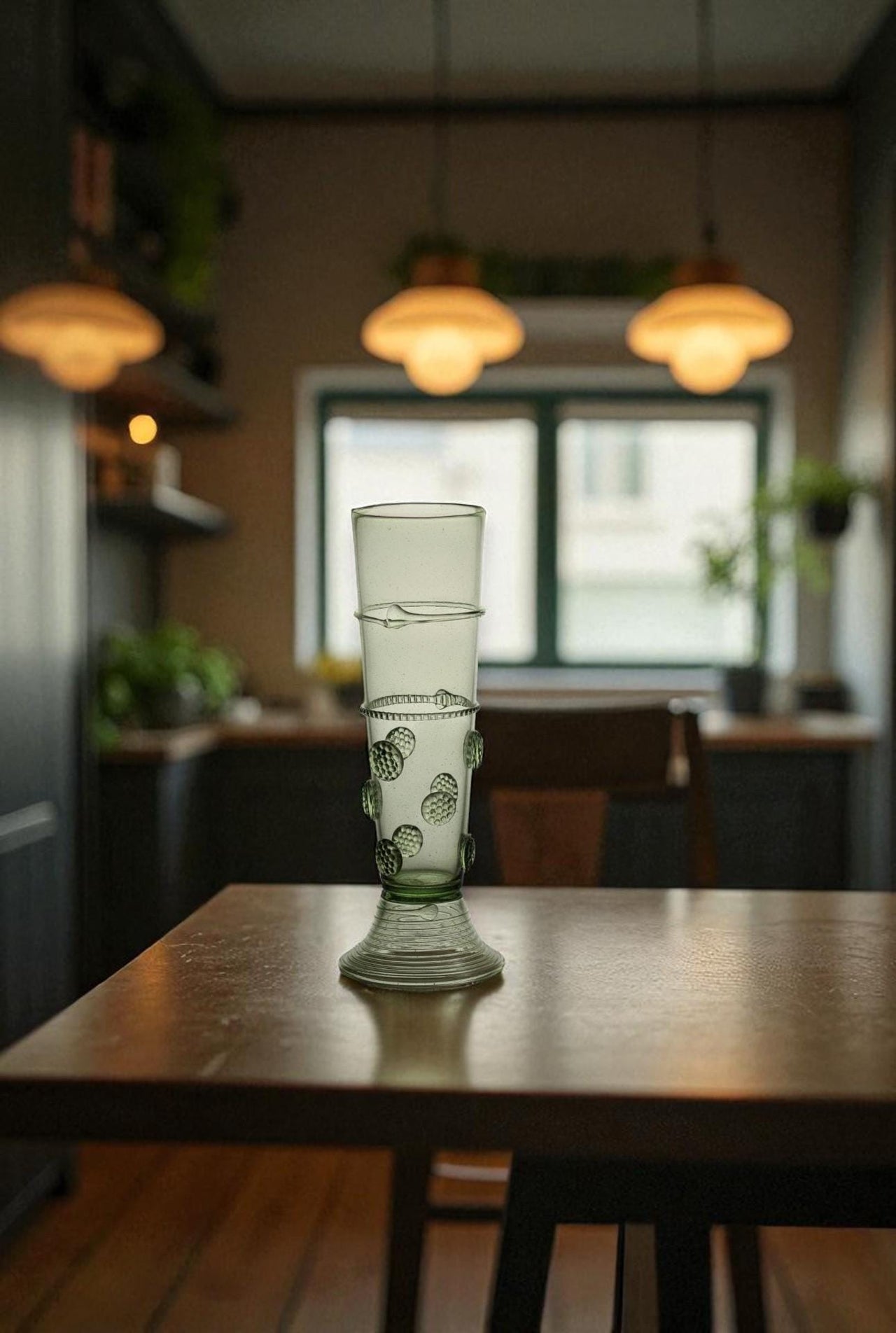 Renaissance-Style Goblet, Hand-Blown Forest Glass, Luxury Barware, Studded Prunt Beaker.