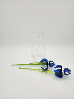 Handblown Blue Glass Iris Flowers with Crackle Vase: Artisan Floral Sculpture