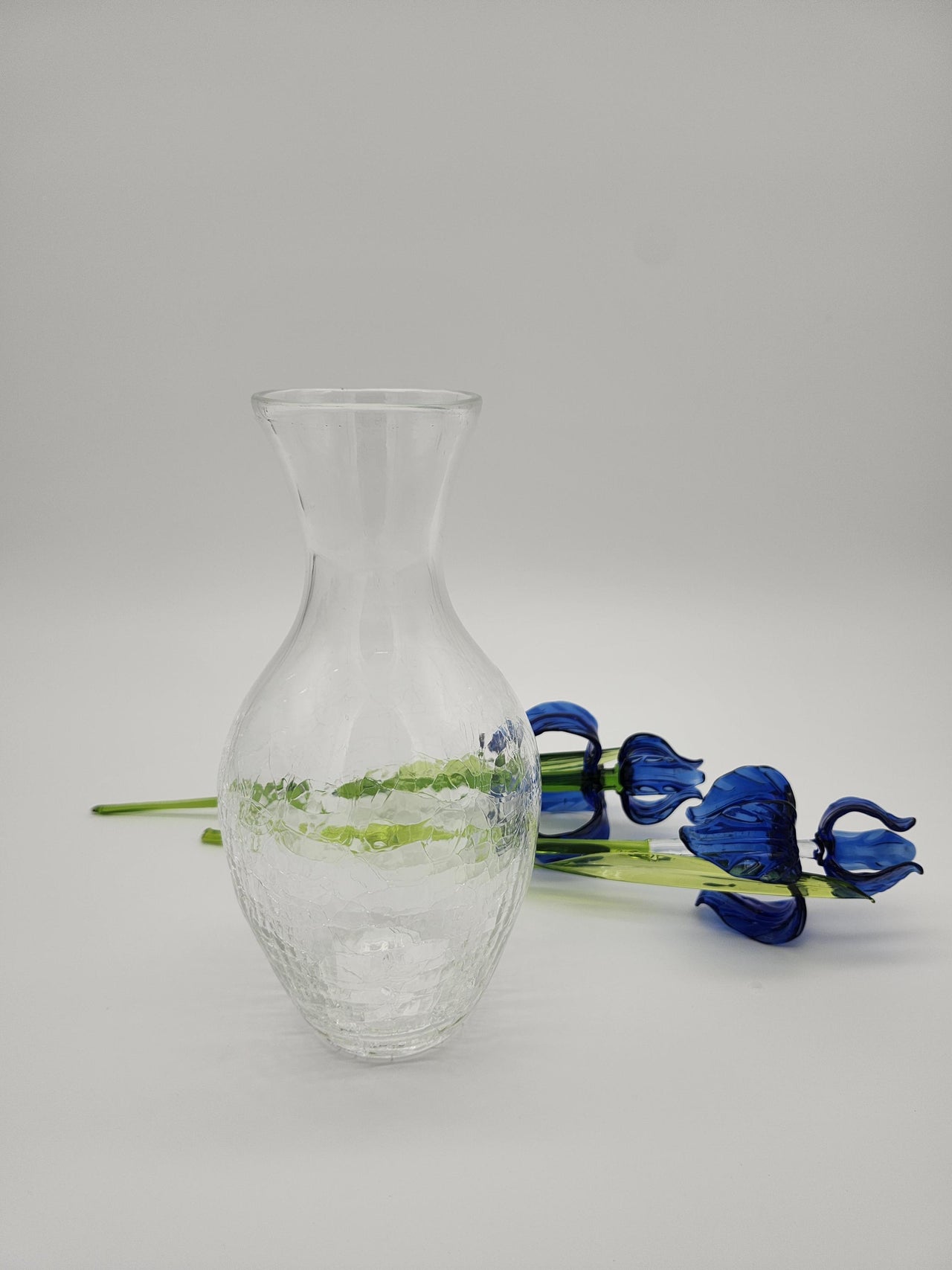 Handblown Blue Glass Iris Flowers with Crackle Vase: Artisan Floral Sculpture