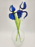 Handblown Blue Glass Iris Flowers with Crackle Vase: Artisan Floral Sculpture