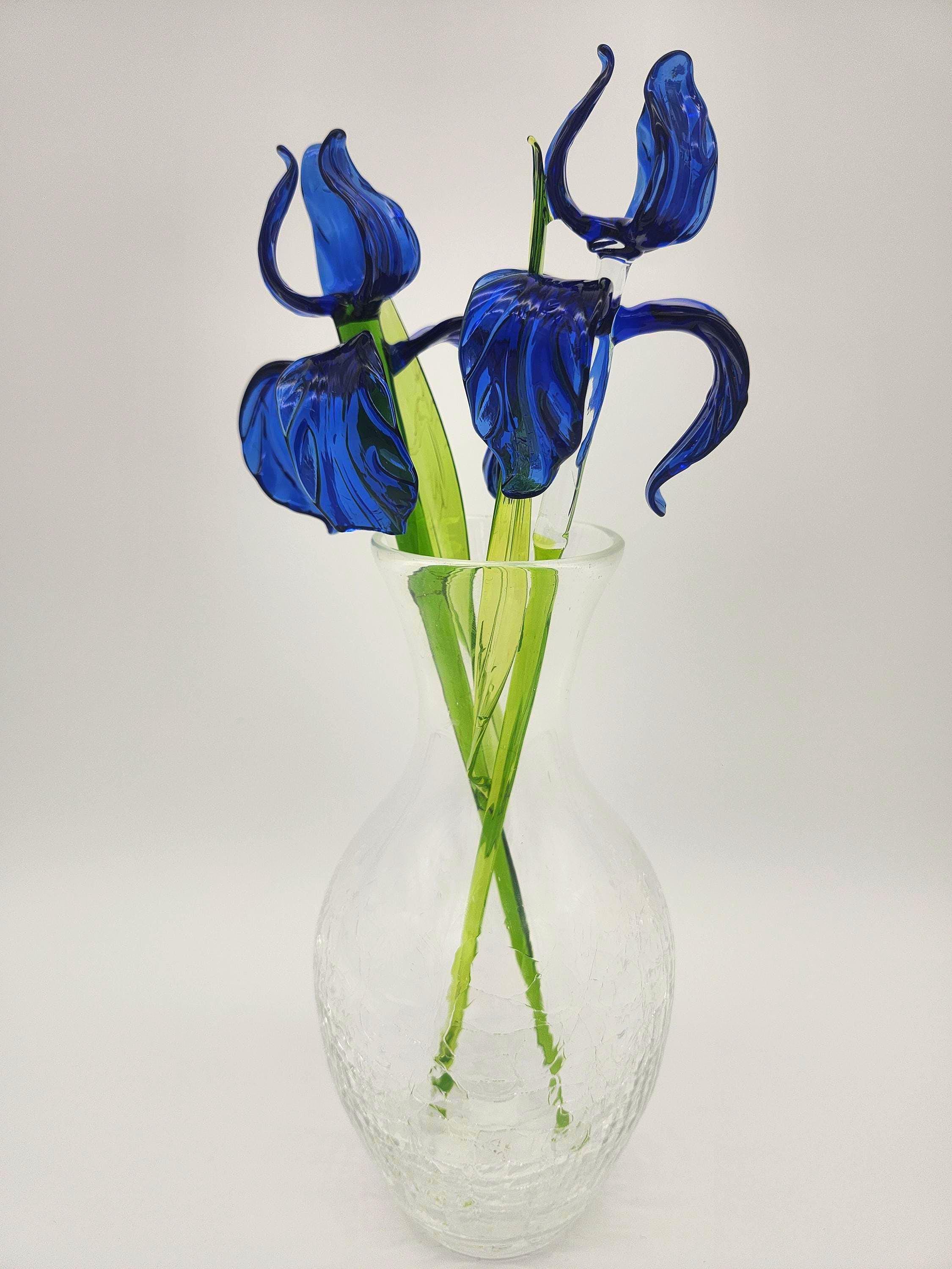 Handblown Blue Glass Iris Flowers with Crackle Vase: Artisan Floral Sculpture