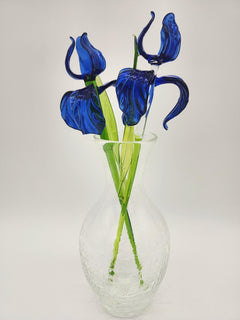 Handblown Blue Glass Iris Flowers with Crackle Vase: Artisan Floral Sculpture