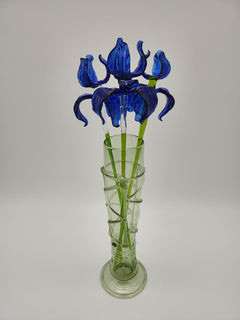 Handblown Blue Glass Iris Bouquet in Emerald Green Spiral Vase