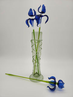Handblown Blue Glass Iris Bouquet in Emerald Green Spiral Vase