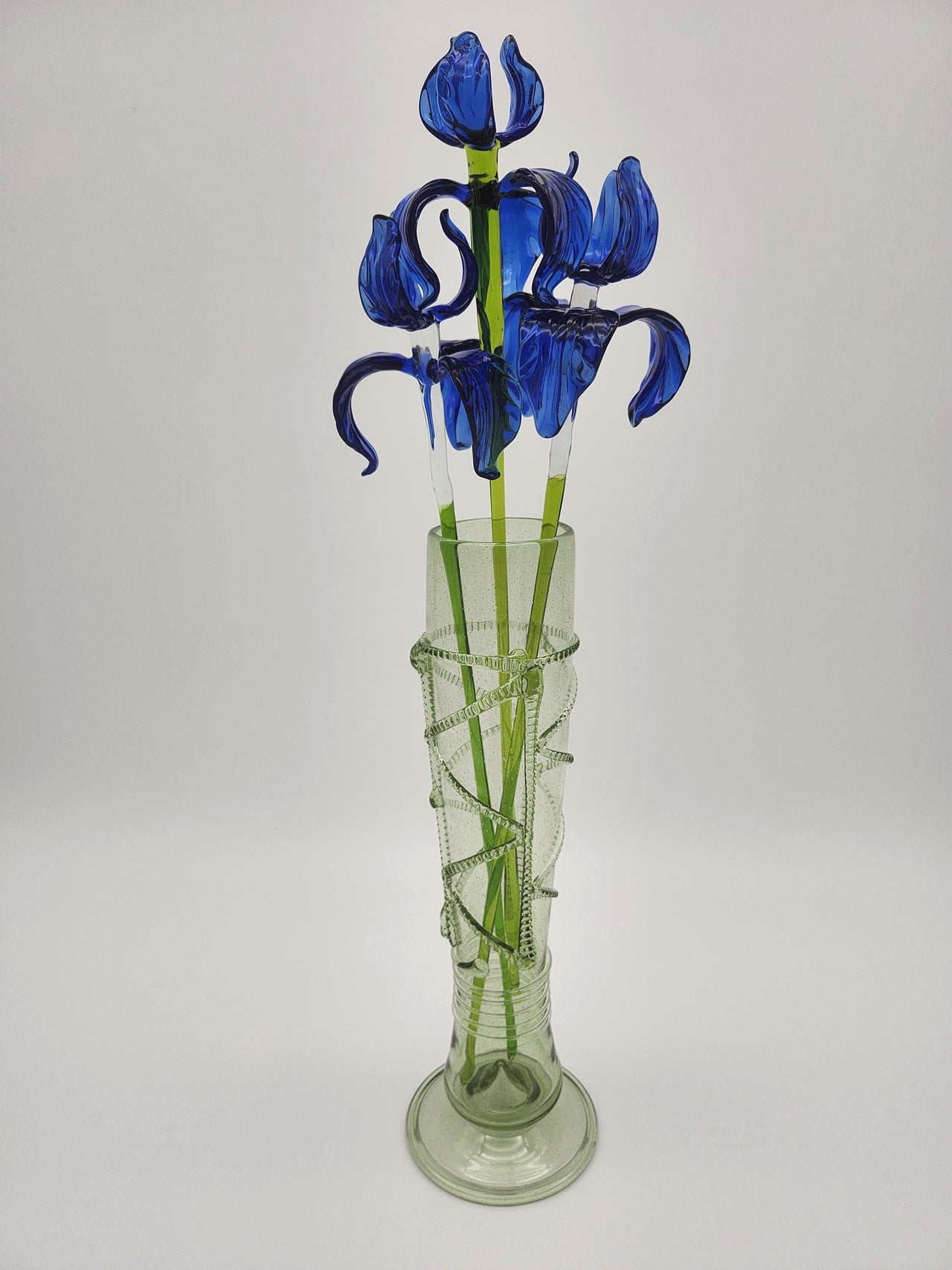 Handblown Blue Glass Iris Bouquet in Emerald Green Spiral Vase