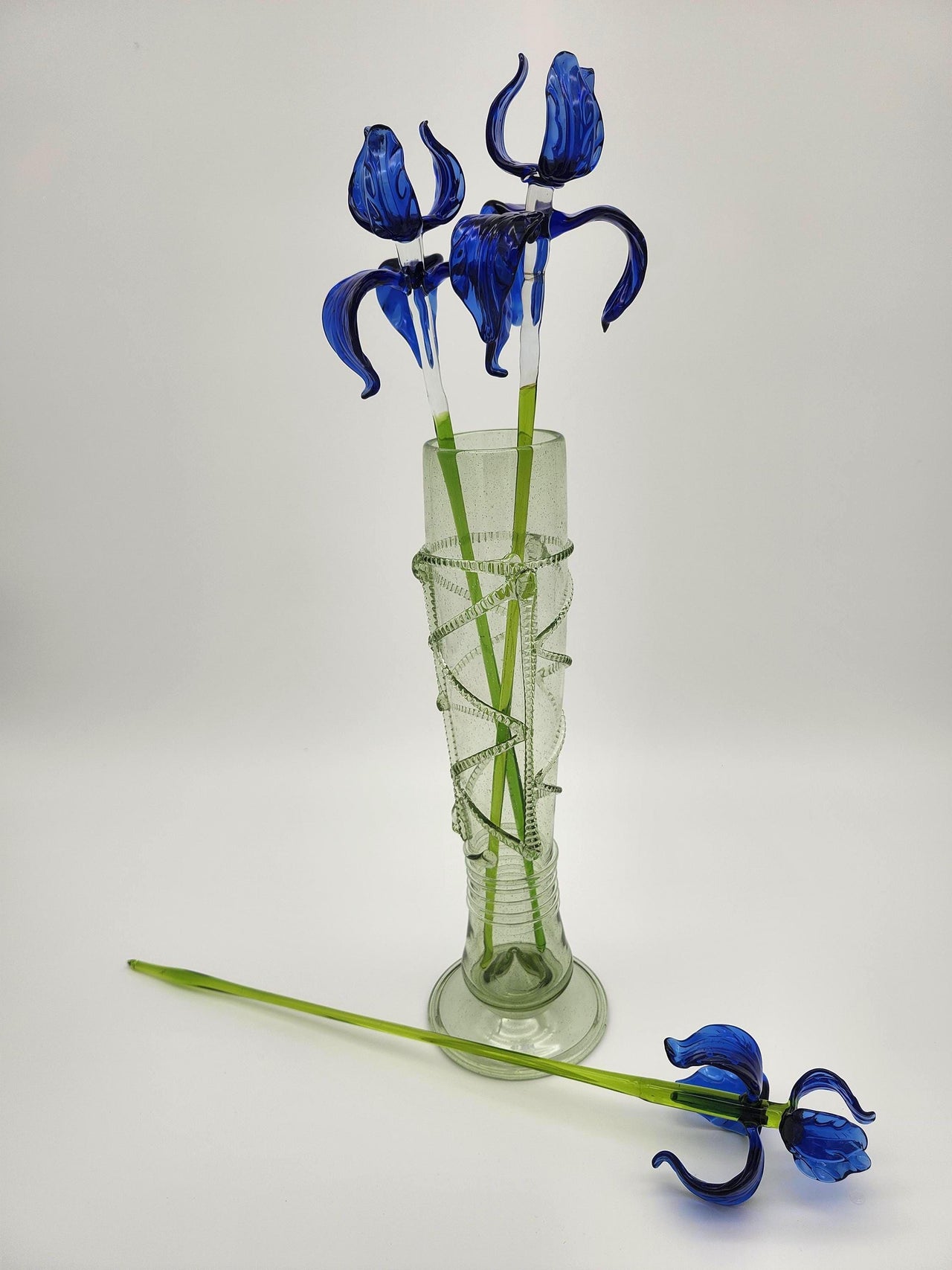 Handblown Blue Glass Iris Bouquet in Emerald Green Spiral Vase