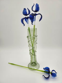 Handblown Blue Glass Iris Bouquet in Emerald Green Spiral Vase