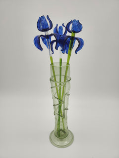 Handblown Blue Glass Iris Bouquet in Emerald Green Spiral Vase