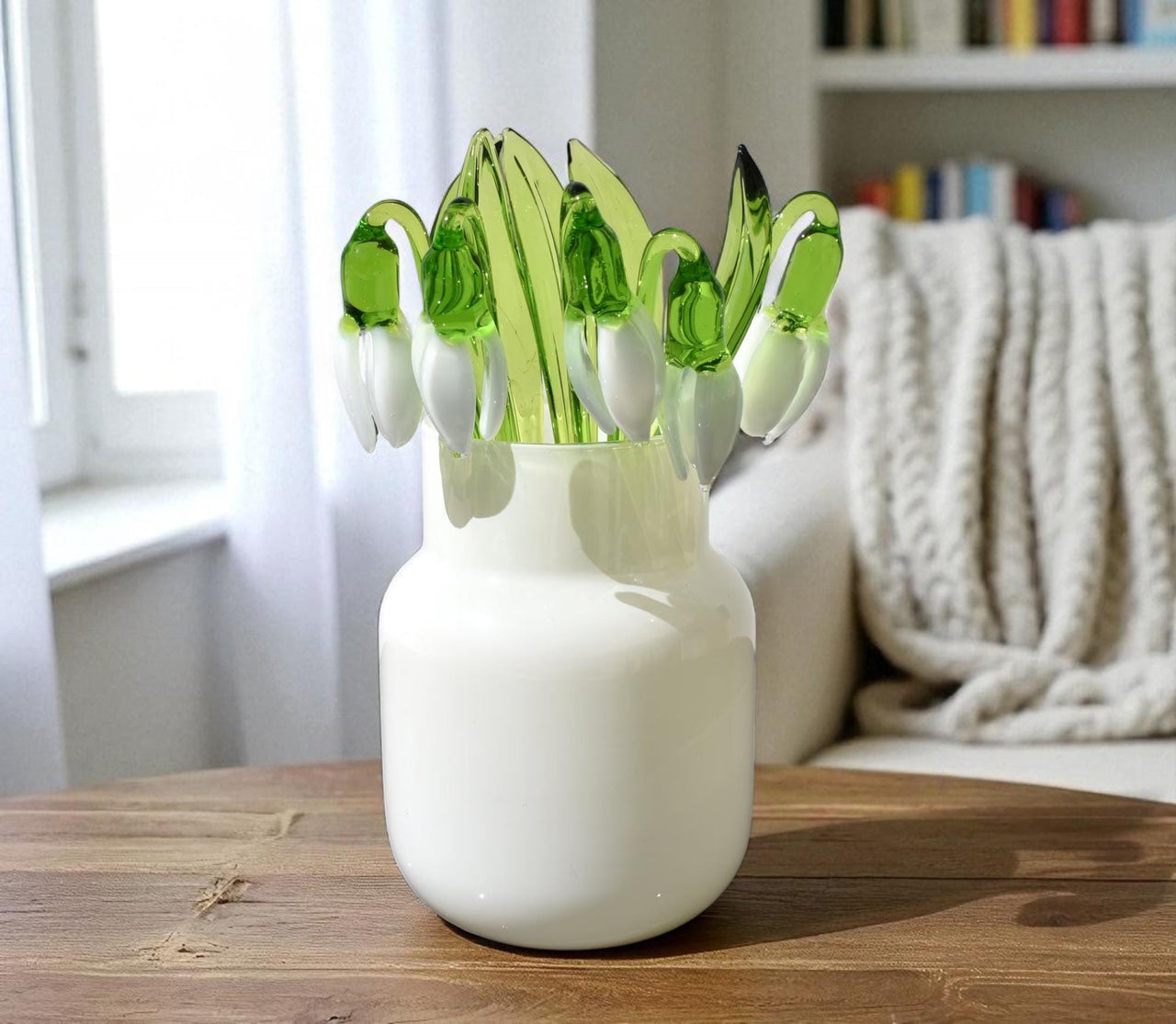 White Glass Snowdrop Flower – Handblown Art Glass Stem, Forever Bloom Gift for Mom, Wife, Birthday, Anniversary, Elegant Home Décor