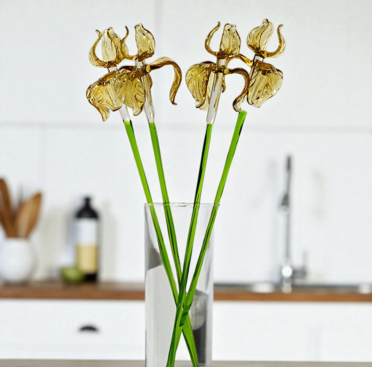 Golden Iris Handblown Glass Flower – Elegant Long Stem Botanical Art, Timeless Gift for Birthdays, Anniversaries & Mother’s Day