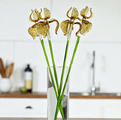 Golden Iris Handblown Glass Flower – Elegant Long Stem Botanical Art, Timeless Gift for Birthdays, Anniversaries & Mother’s Day