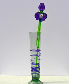 Cobalt blue 15.5" Iris in a hand-blown glass vase, complete decor accent.
