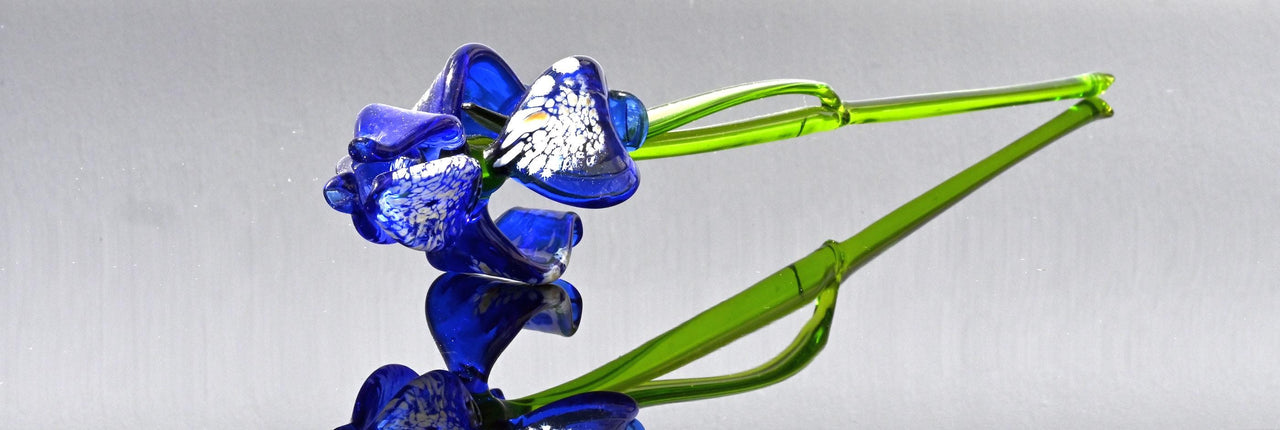 Cobalt blue 15.5" Iris in a hand-blown glass vase, complete decor accent.