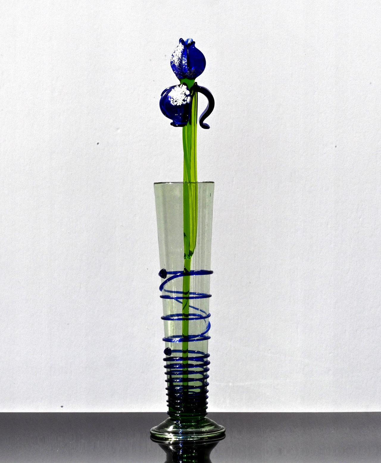 Cobalt blue 15.5" Iris in a hand-blown glass vase, complete decor accent.