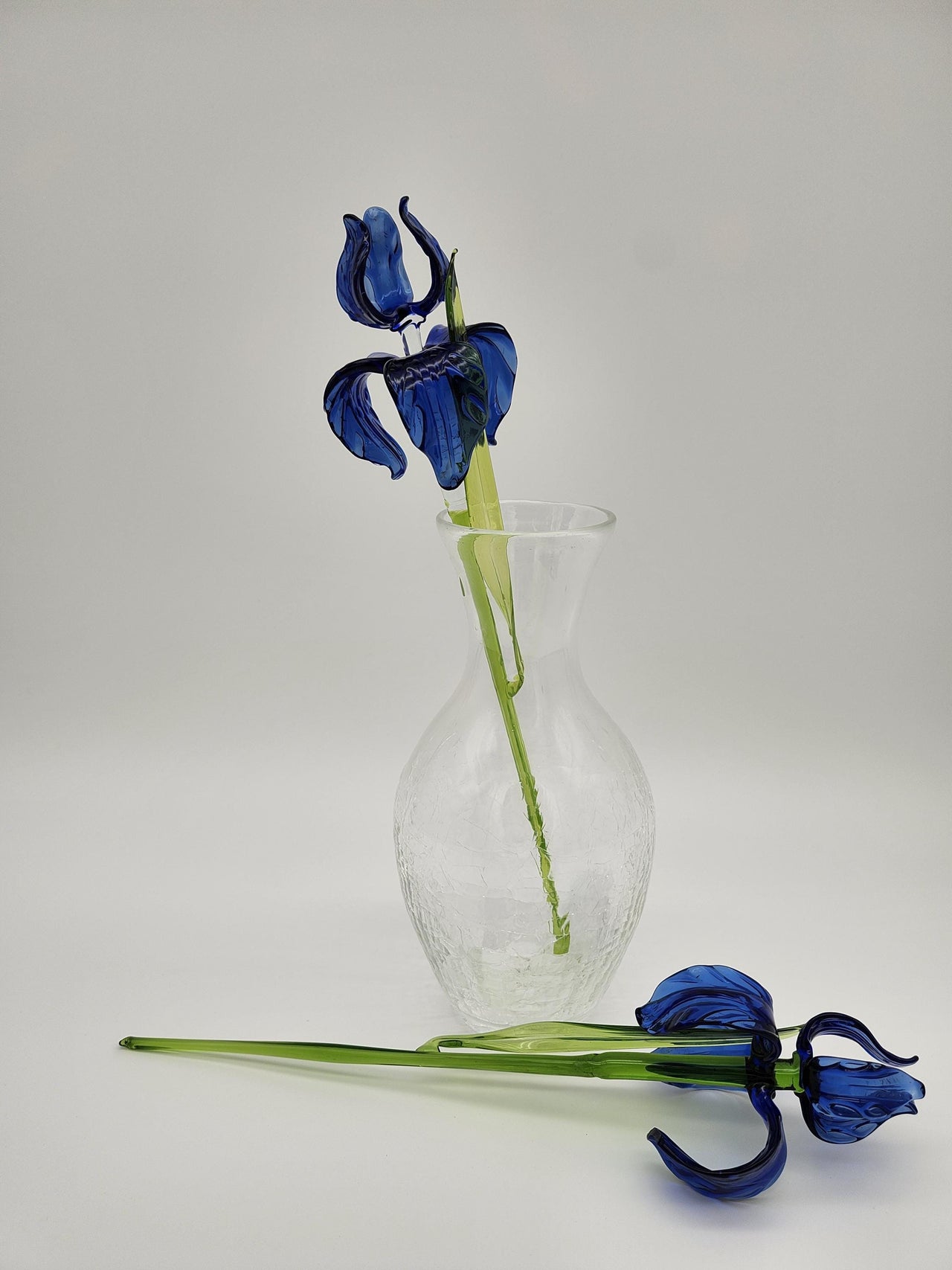 Handblown Blue Glass Iris Flowers with Crackle Vase: Artisan Floral Sculpture