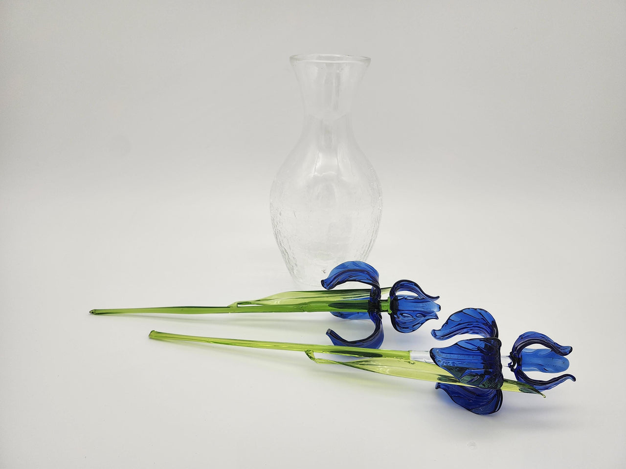 Handblown Blue Glass Iris Flowers with Crackle Vase: Artisan Floral Sculpture
