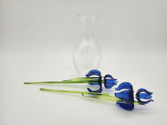Handblown Blue Glass Iris Flowers with Crackle Vase: Artisan Floral Sculpture