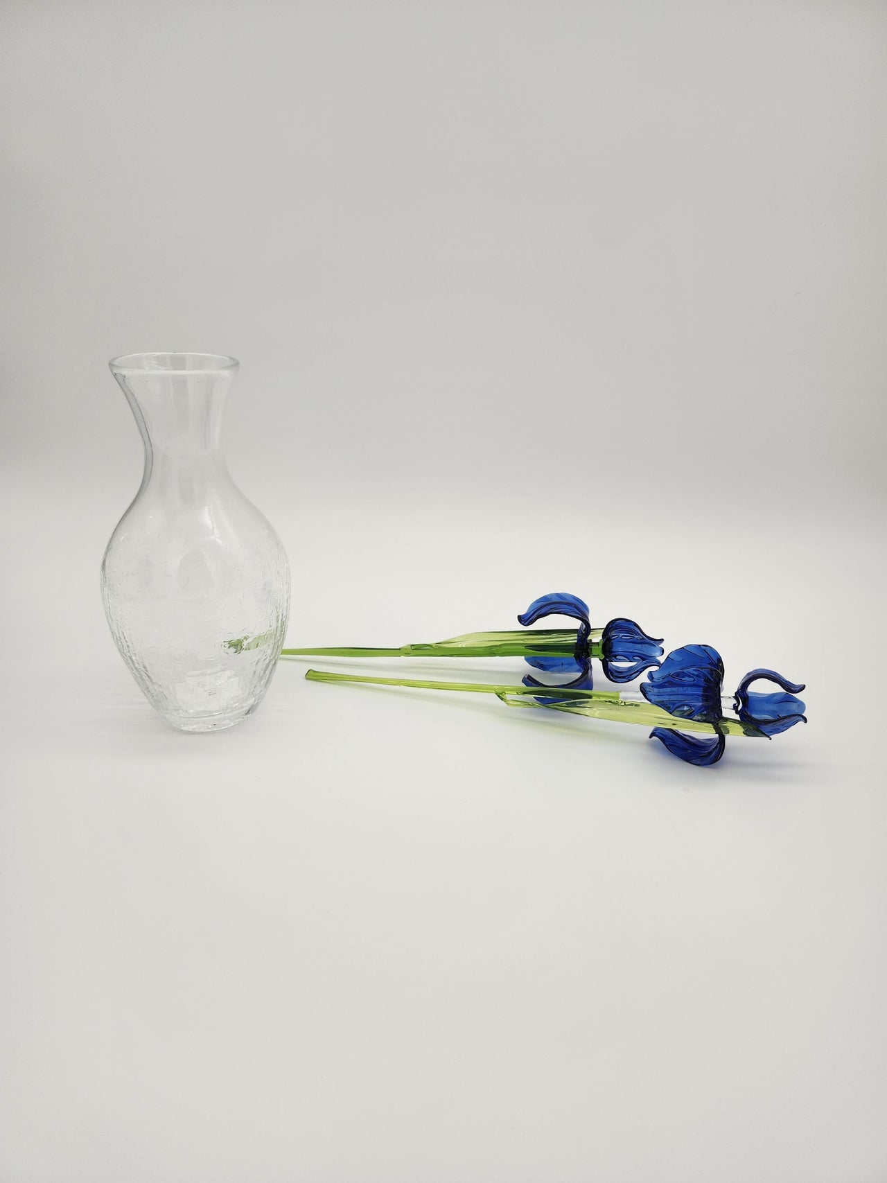 Handblown Blue Glass Iris Flowers with Crackle Vase: Artisan Floral Sculpture