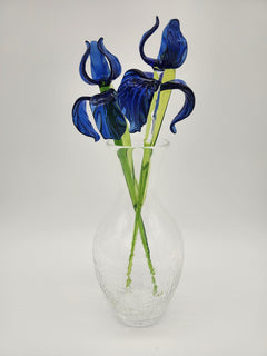 Handblown Blue Glass Iris Flowers with Crackle Vase: Artisan Floral Sculpture