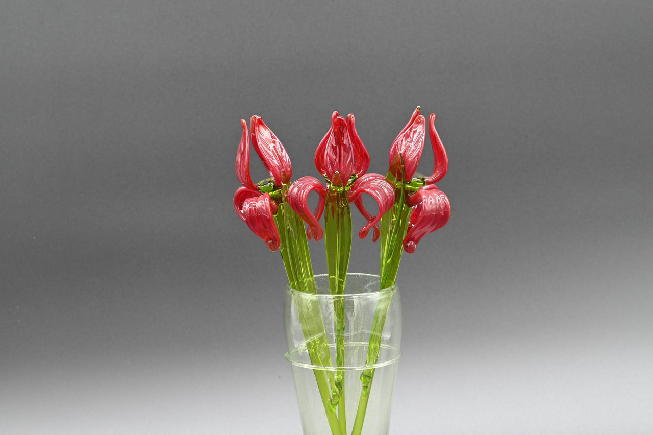 Bouquet of  3 Bright Red Glass Irises – Long Stem Hand Blown Flower – Elegant Gift.