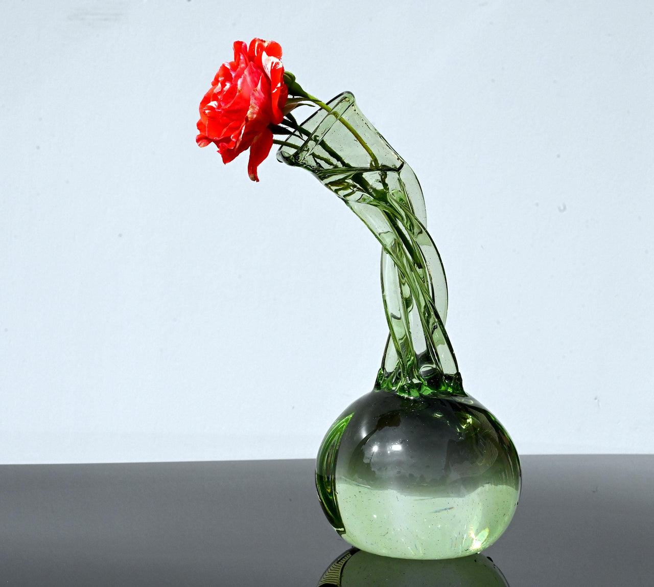 Central Piece Handblown Renaissance light green colored Glass Vase: Elegant Twisted Design.