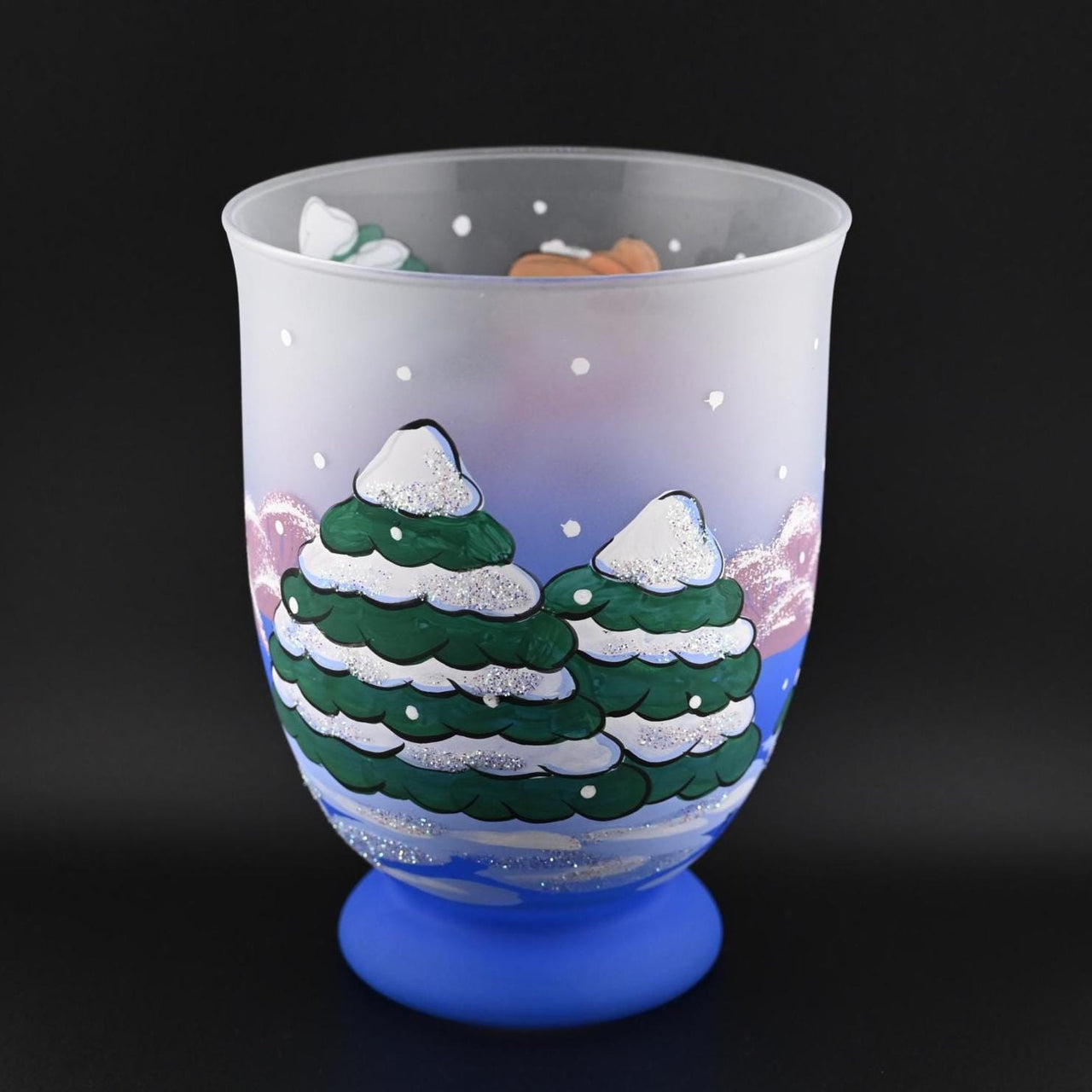 Christmas Vase: Handblown Skiing Snowman Frosted Glass Candle Holder