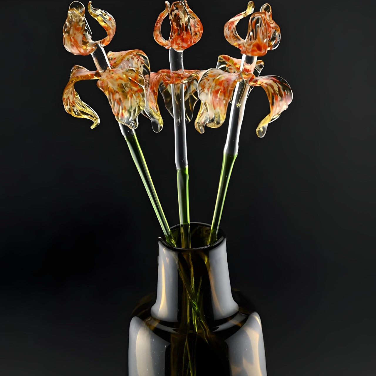 Glass Flowers in Vase - Glass Flowers and Vase - Glass Flower Bouquet 17.5 inches - Orange Glass Flower Bouquet - Glass Iris Home Decor