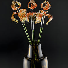 Glass Flowers in Vase - Glass Flowers and Vase - Glass Flower Bouquet 17.5 inches - Orange Glass Flower Bouquet - Glass Iris Home Decor