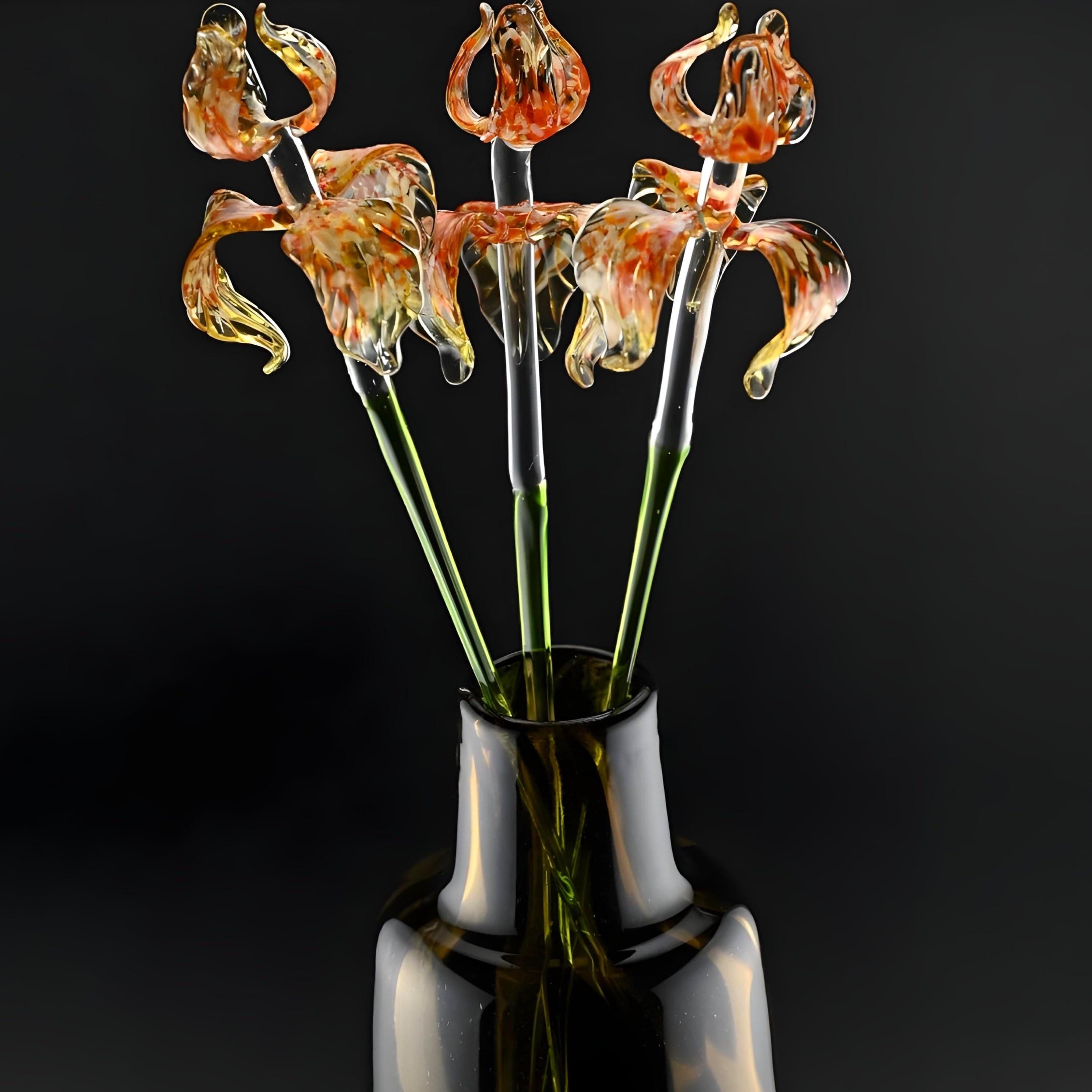 Glass Flowers in Vase - Glass Flowers and Vase - Glass Flower Bouquet 17.5 inches - Orange Glass Flower Bouquet - Glass Iris Home Decor