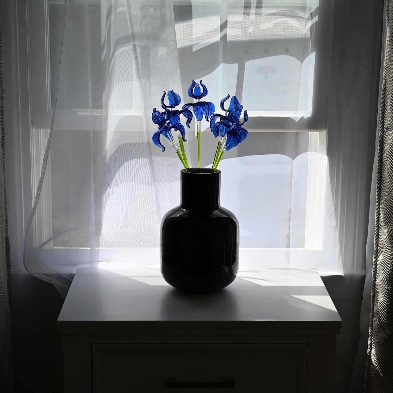 Glass Flowers in Vase - Glass Flowers and Vase - Glass Flowers Bouquet 17.5 inches - Glass Flower Bouquet - Blue Glass Iris Home Decor