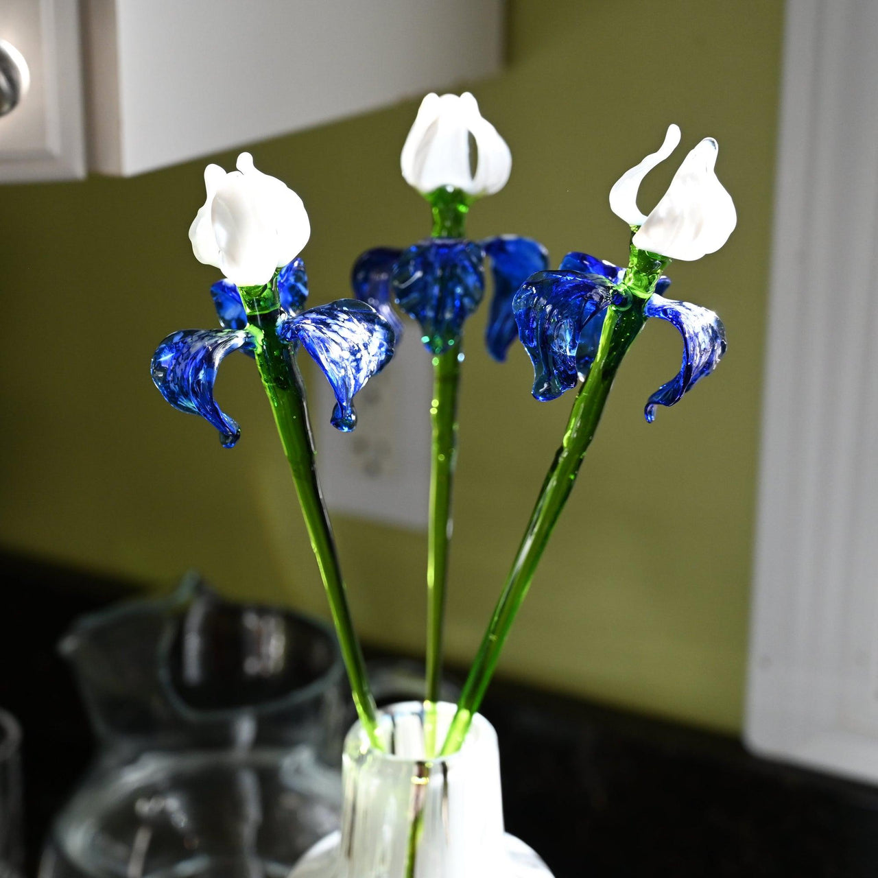 Glass Flowers in Vase - Glass Flowers and Vase - Glass Flower Bouquet 17.5 inches - Glass Flower Bouquet - Glass Iris Home Decor