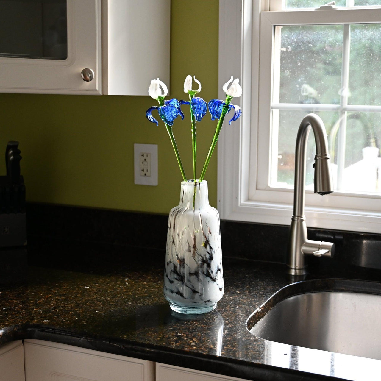 Glass Flowers in Vase - Glass Flowers and Vase - Glass Flower Bouquet 17.5 inches - Glass Flower Bouquet - Glass Iris Home Decor