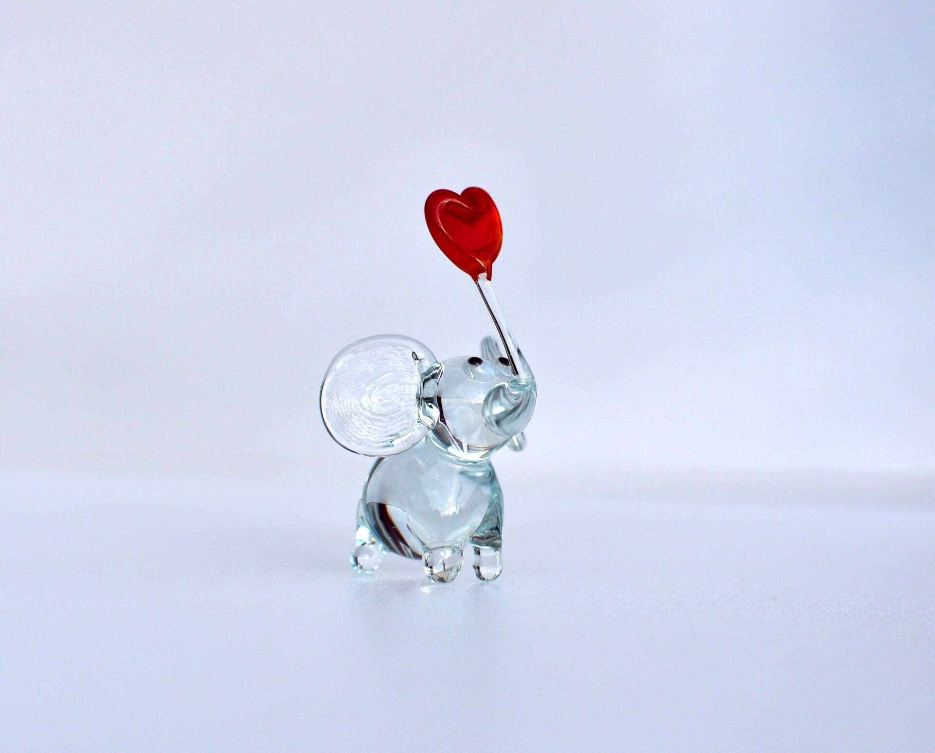 Handmade Glass Elephant Figurine With Heart - Mothers Day Gifts - Handblown Glass Animal, Mini Glass Animals, Cute Desk Decor, Elephant Gift