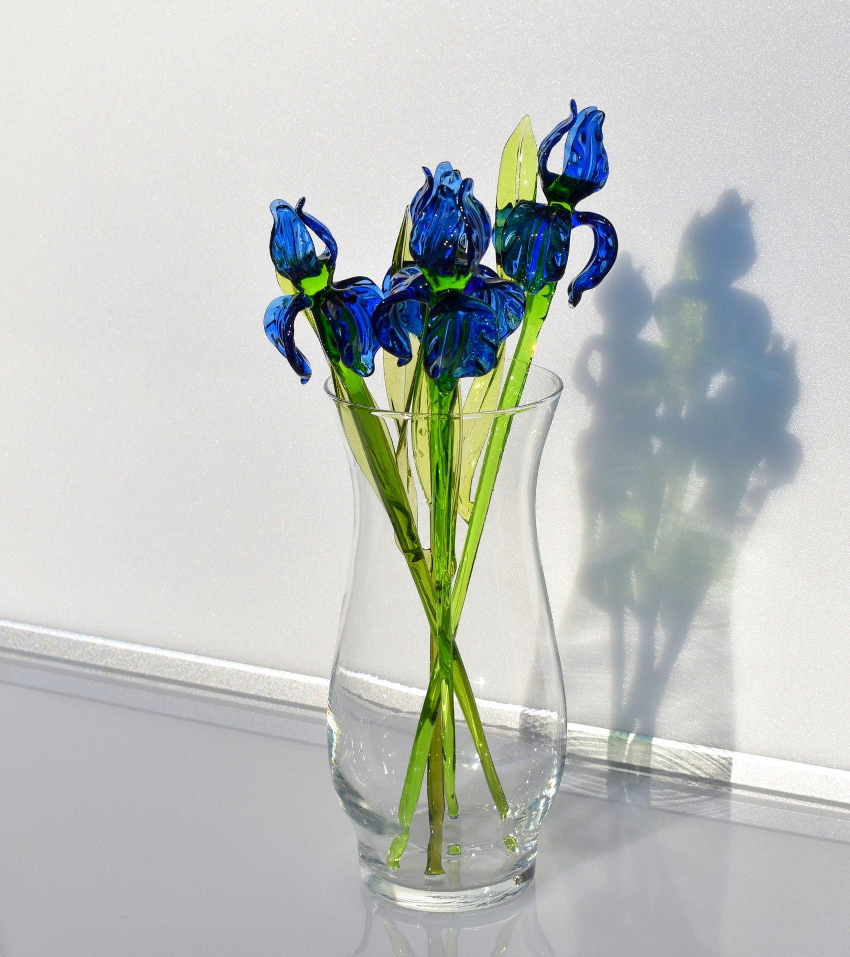 Blue Glass Iris, Blown Glass Flowers, Glass Flower Bouquet, Spring Home Decor Centerpiece, Eternal Flowers, Blown Glass Art Mothers Day Gift