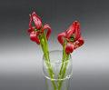 May include: Two glass art flowers in a clear vase. The flowers are red with white accents and green stems. The vase is transparent, showcasing the stems. The flowers are in full bloom, creating a decorative floral arrangement. The background is a gradient of gray.