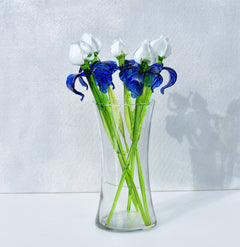Blue and White Glass Iris – Handblown Long Stem Flower, Elegant Gift for Mother’s Day, Birthday, or Timeless Home Décor