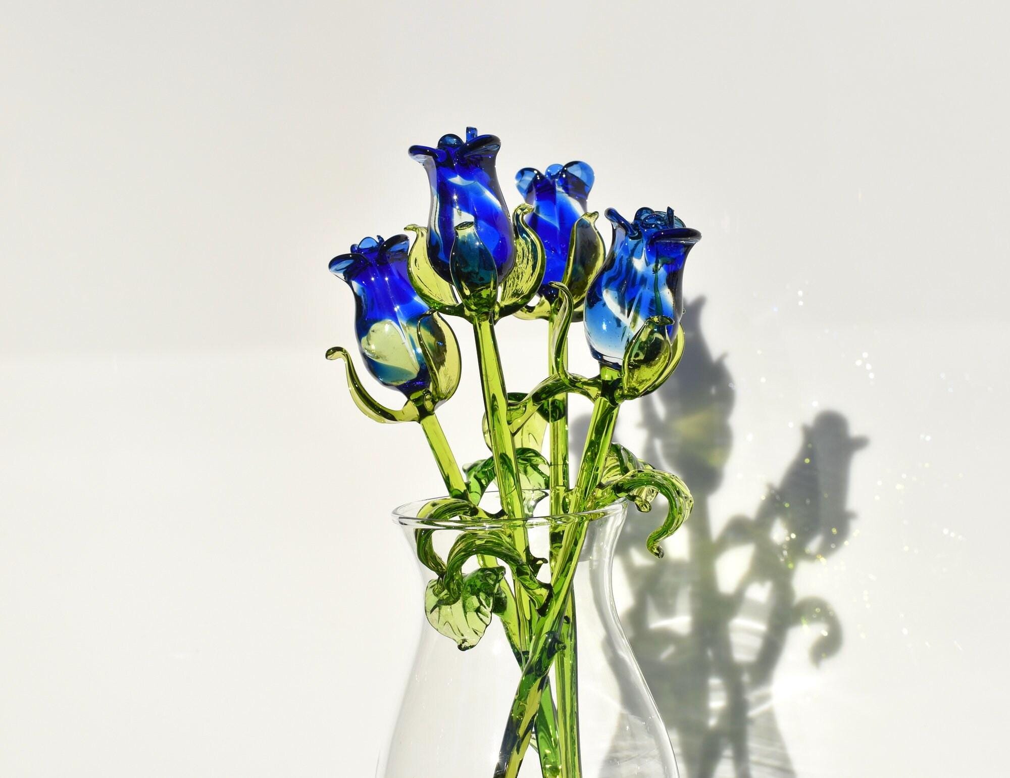 Glass Rose - Blue Glass Flowers - Glass Flower Bouquet - Hand Blown Glass Flower - Blown Glass Rose - Mothers Day Gifts for Her